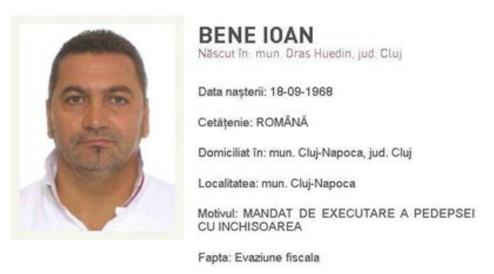 Cluj: Omul de afaceri Ioan Bene a fost prins de poliție în Italia. Era urmărit internațional cu mandat european de arestare, fiind condamnat 6 ani și 2 luni pentru evaziune fiscală, fals în înscrisuri și uz de fals 1