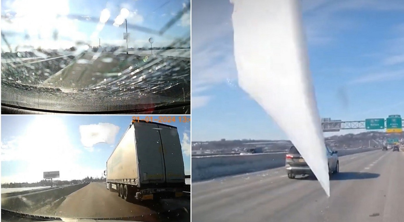 Video Cluj: Un țurțur uriaș căzut de pe un TIR sparge parbrizul unei mașini. Mărturia șoferului clujean: „Dacă trăgeam dreapta, intram sub TIR şi dacă trăgeam stânga eram în parapet” 1