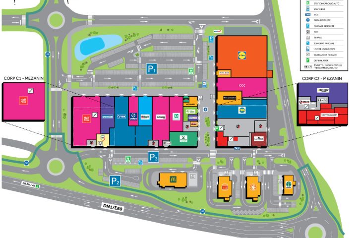 Hartă URBANO Shopping & Living Florești, cu magazine, parcări, stații de transport și zona drive-thru.