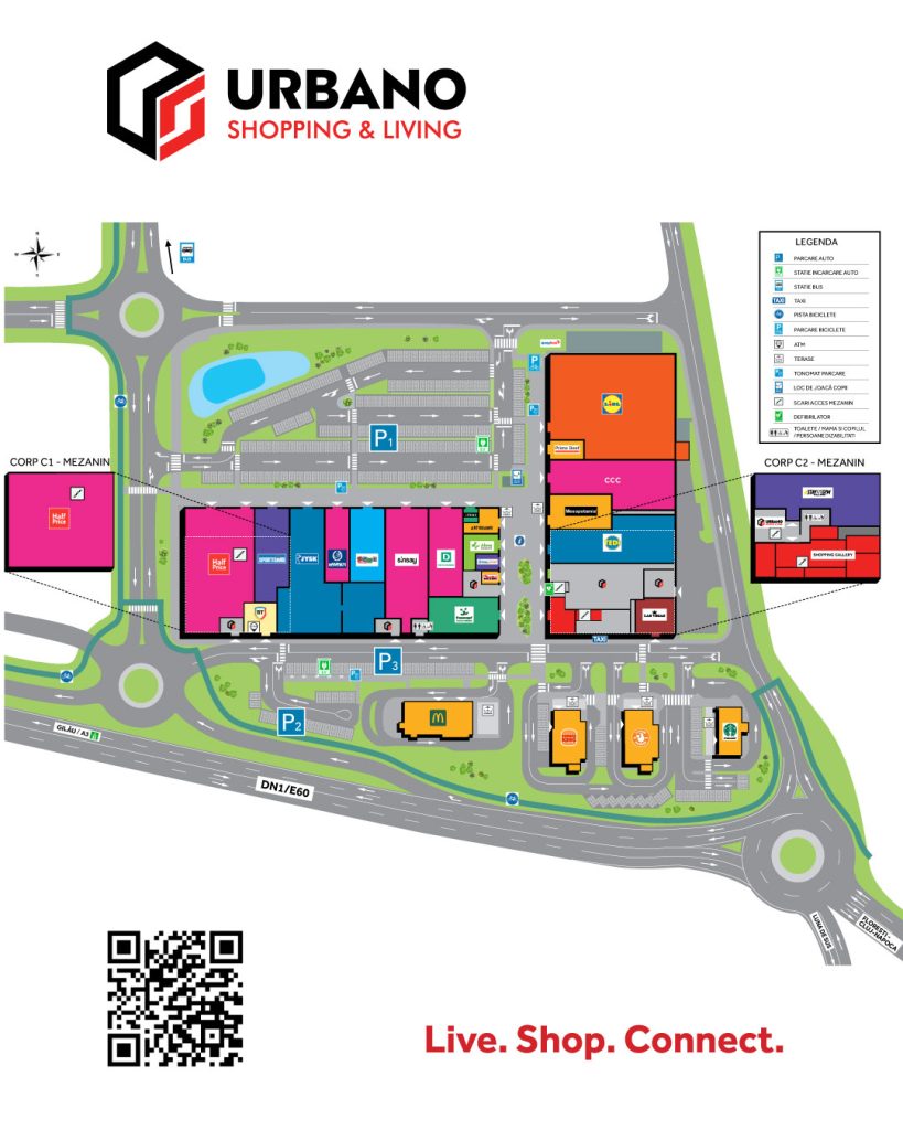 Hartă URBANO Shopping & Living Florești, cu magazine, parcări, stații de transport și zona drive-thru.