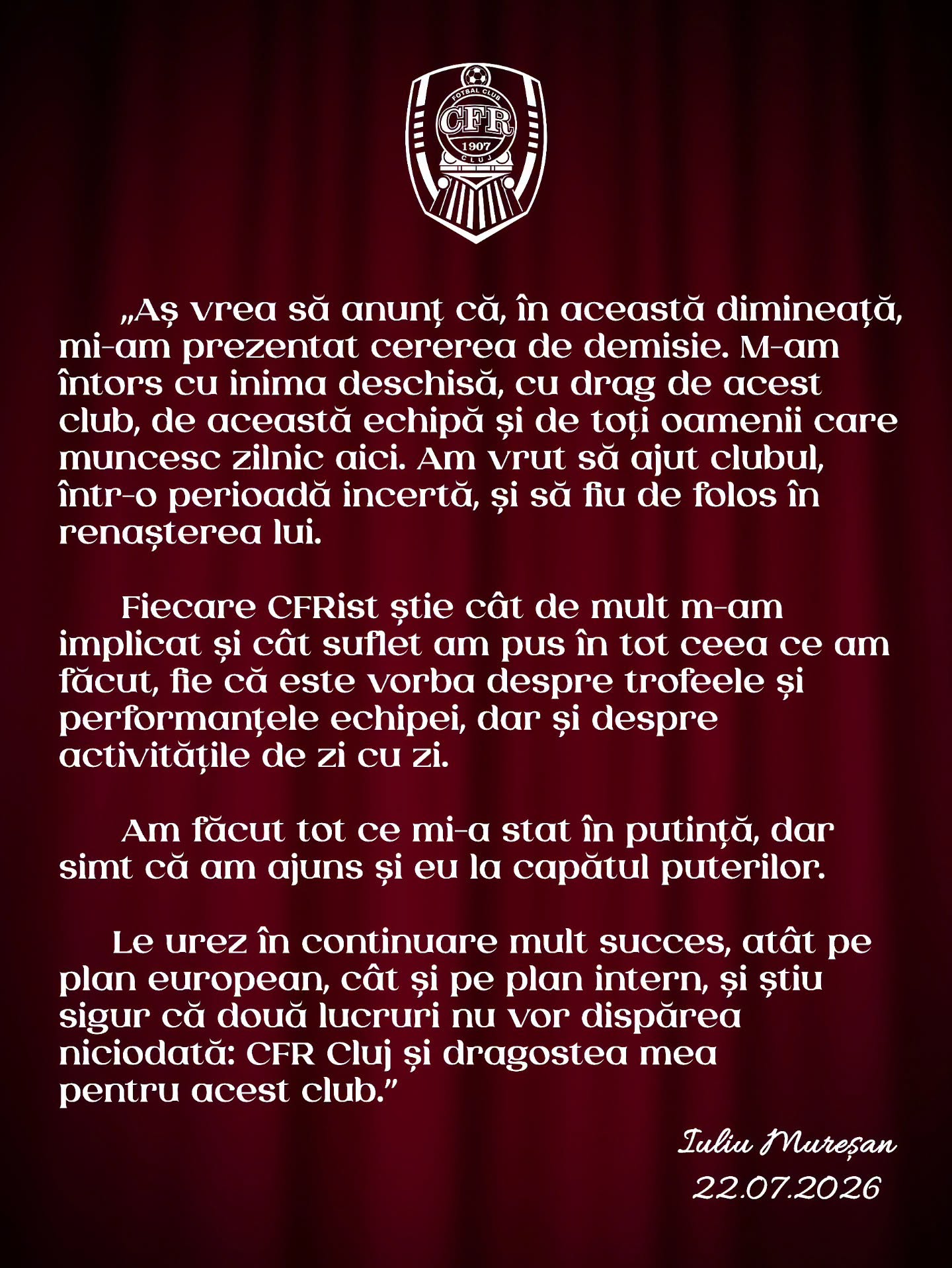 Iuliu Mureșan și-a depus demisia de la CFR Cluj, pe fondul crizei financiare și al noii interdicții FIFA 1